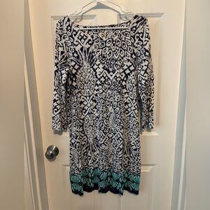 Lilly Pulitzer Hollee Dress Pineapple Party Peacock White Blue 3/4 Sleeve Sz L